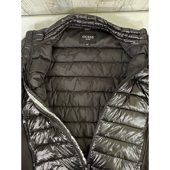 Guess Mens Puffer Jacket Size XL Shiny Black Lightweight Side Panels - Picture 6 of 10